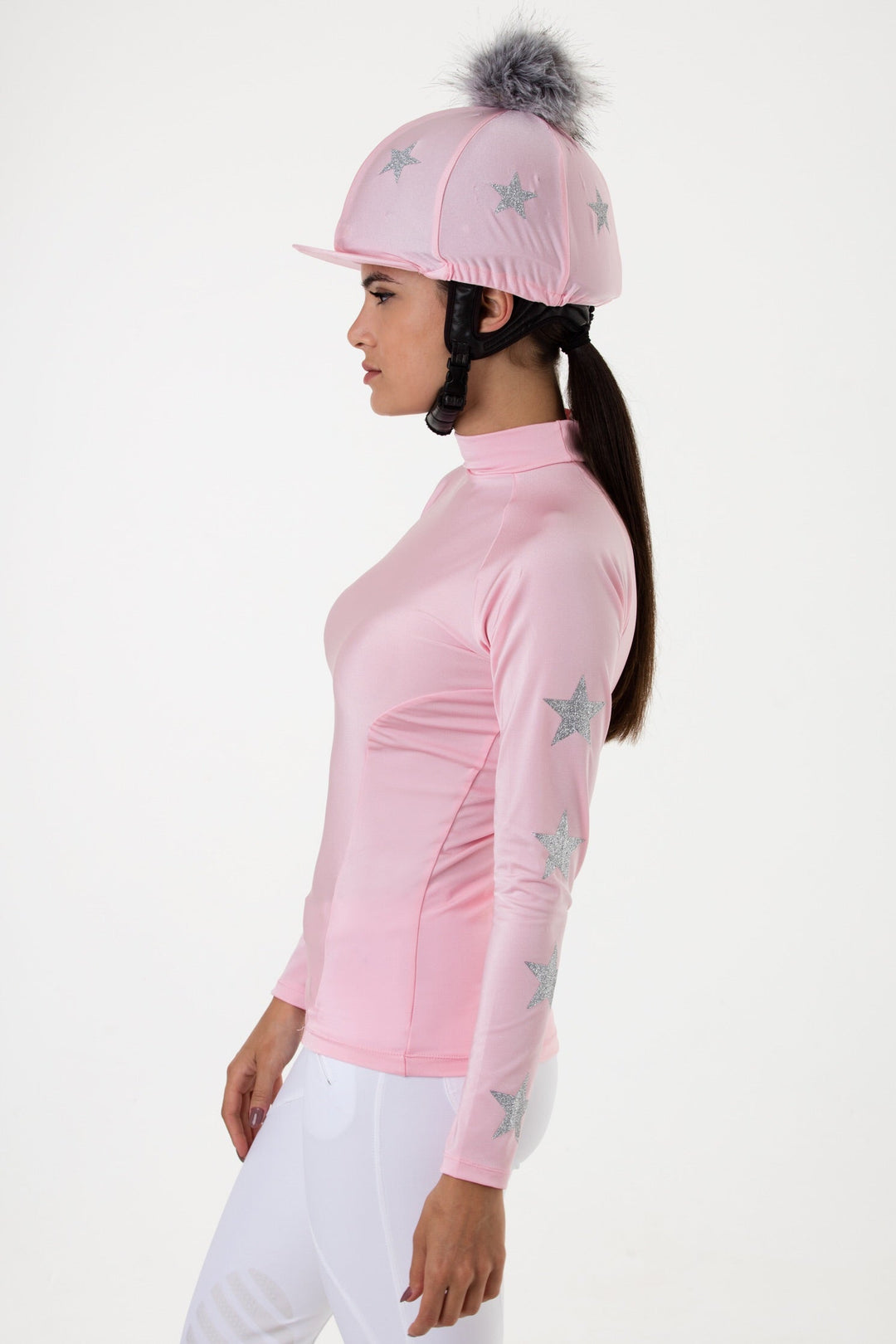 Stockinjur Baby Pink Constellation Riding Baselayer and pom pom riding hat cover 