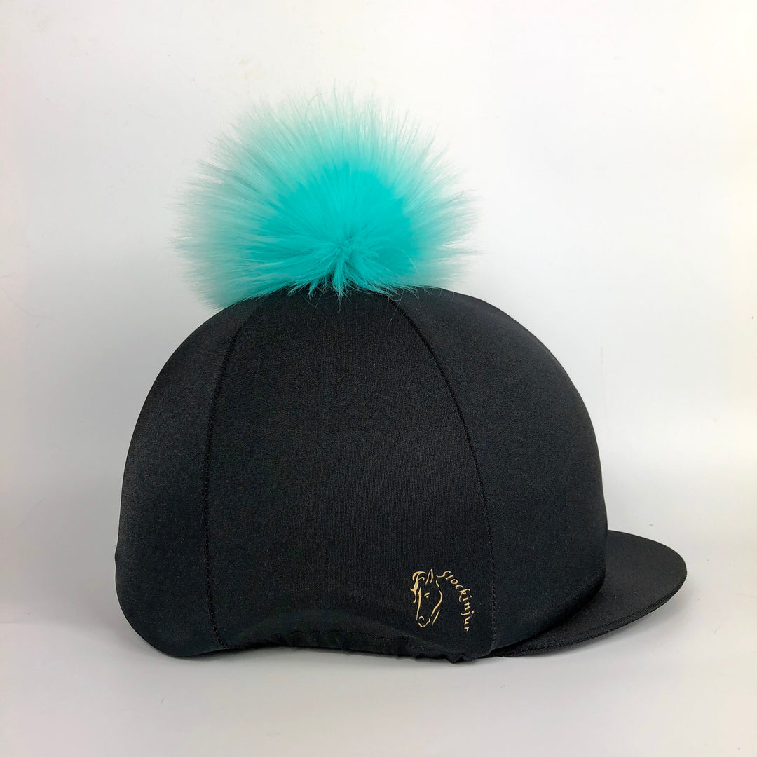 Black with Turquoise Big Pom Faux Fur Hat Silk