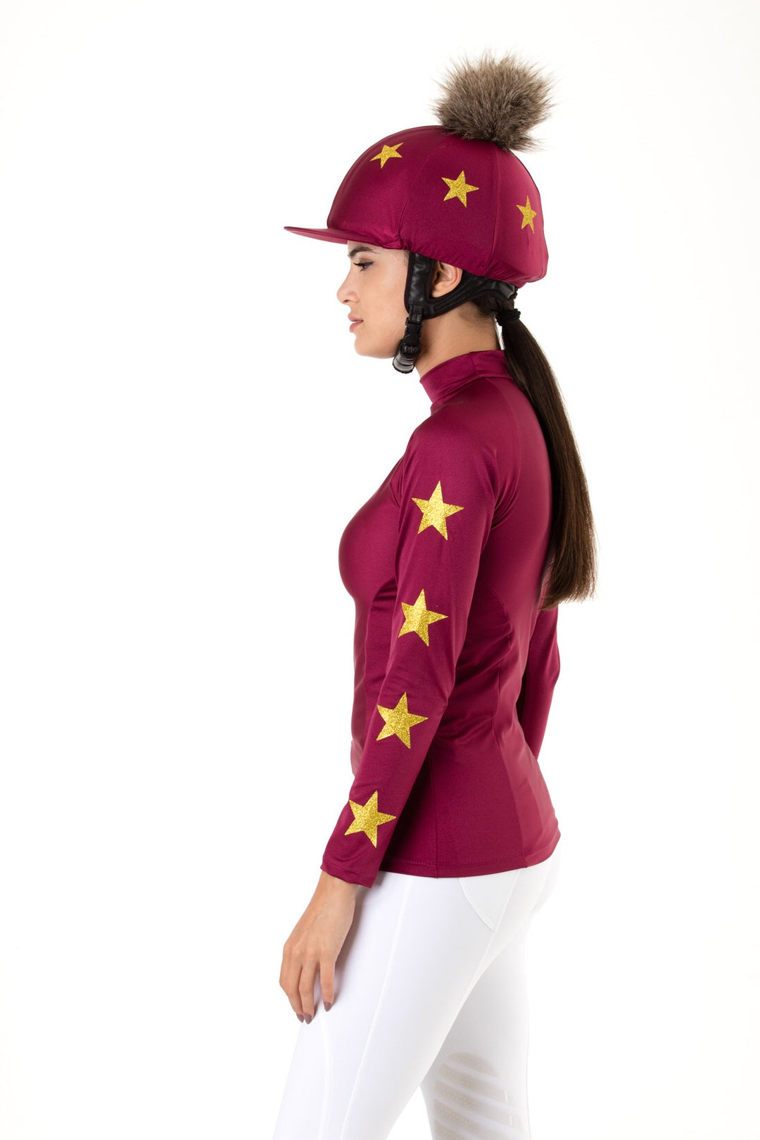 Cranberry riding baselayer and matching pom pom hat silk
