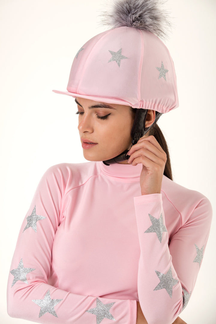 Stockinjur Baby Pink Constellation Riding Baselayer and pom pom riding hat silk