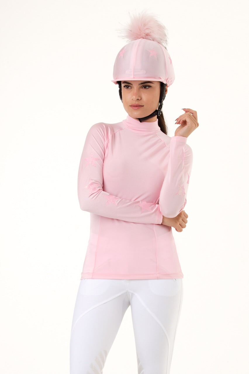 Baby Pink Understated Baselayer and matching pom pom riding hat silk